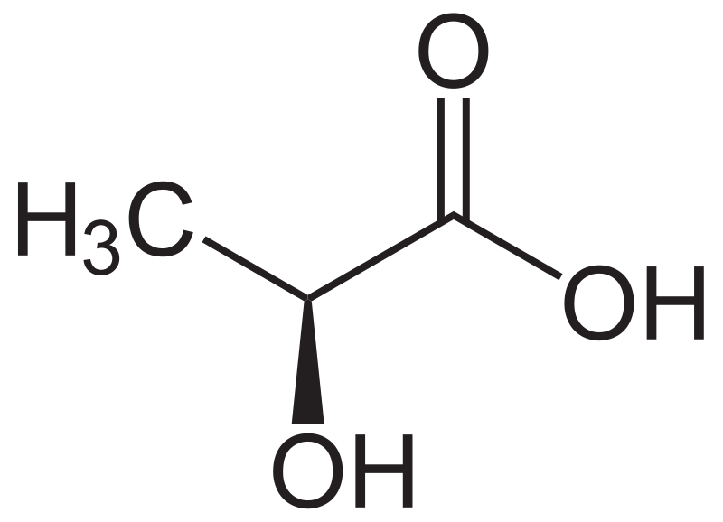 De scheikundige formule van melkzuur, in de voeding herkenbaar als E270. 